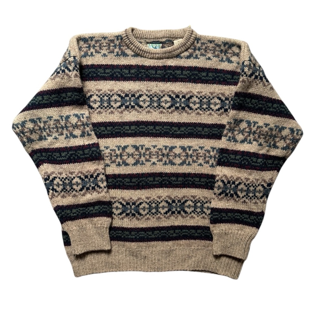 T T & Co Sport 100% Wool Beige Blue Patterned Sweater in Medium